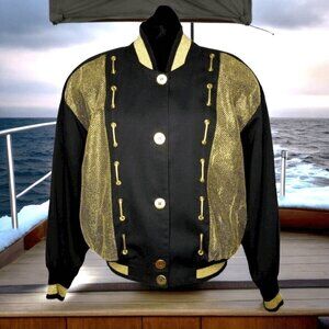 Nautical Bomber Jacket 1980s Yacht Coat Black Gold Metalic Yacht Rock USA Small